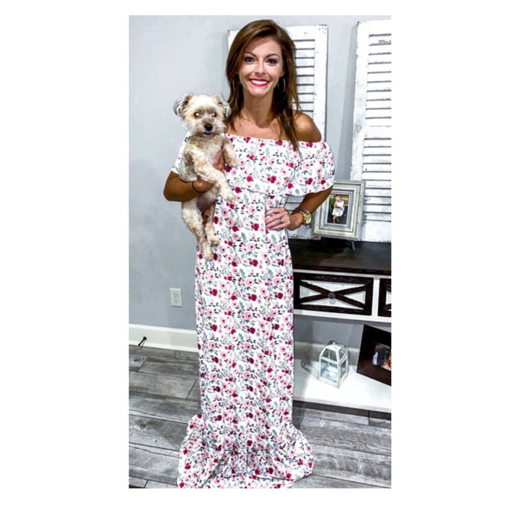 Busy Bees Smocks White&Pink Floral Off The Shoulder Maxi Dress Sz.L NWT